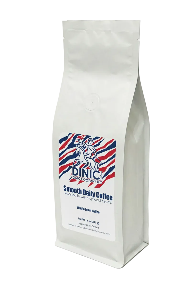 White coffee bag with a colorful label on a white background